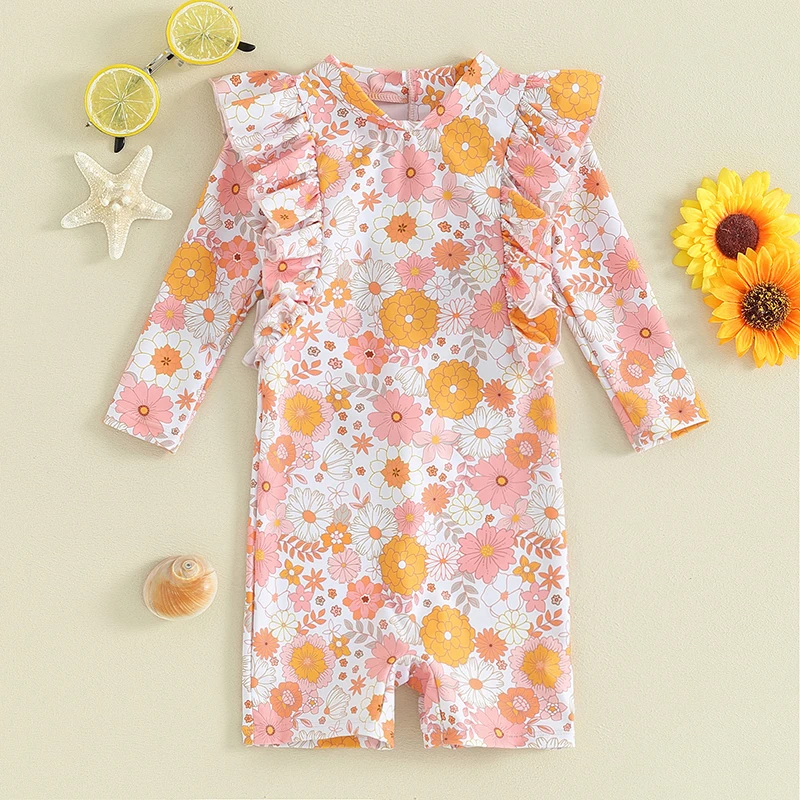 Maillots de bain à imprimé floral pour enfants, combinaisons à volants, manches longues, maillots de bain pour tout-petits, vêtements de plage, été