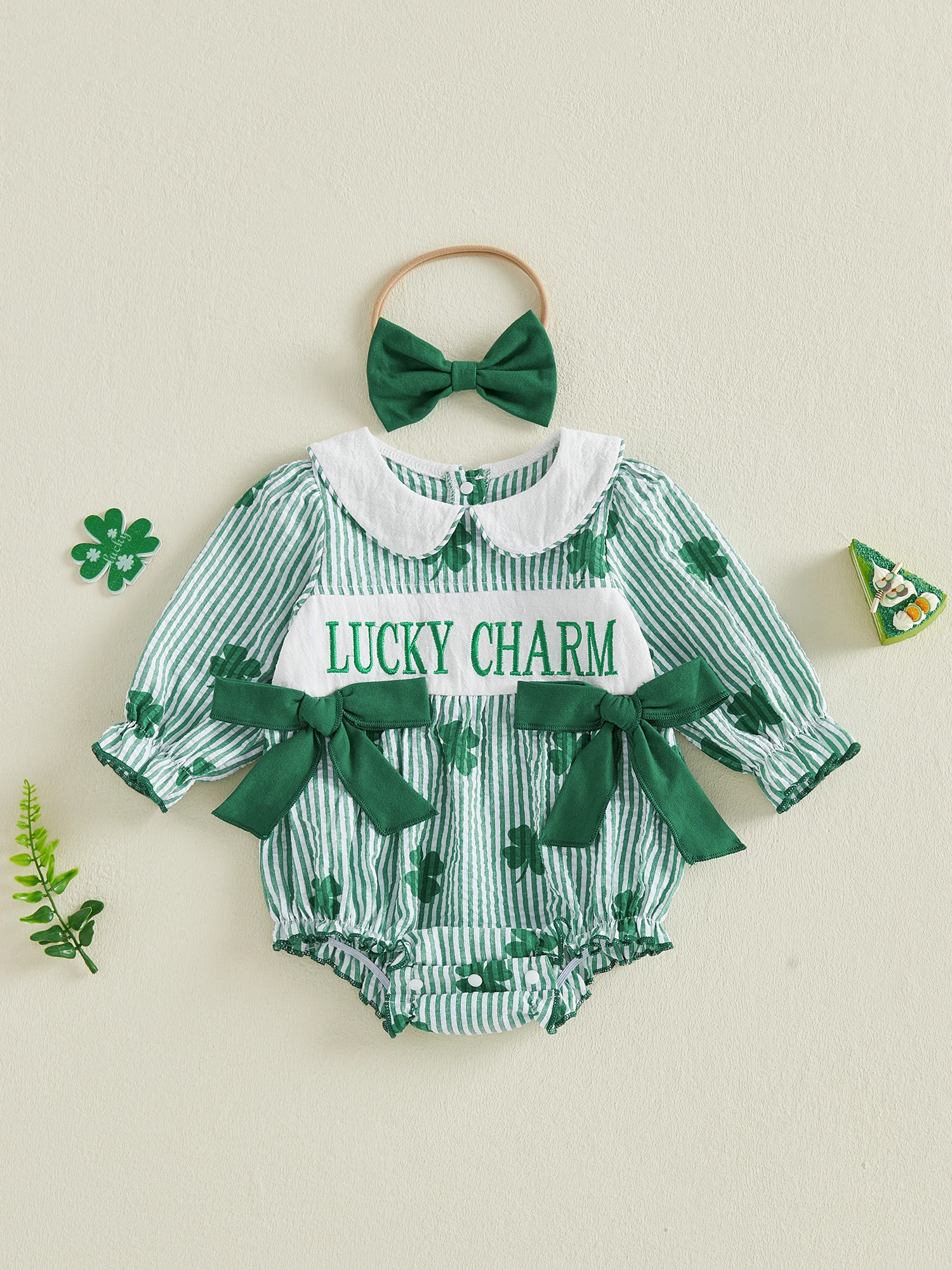 

St Patrick s Day Baby Girl Outfit Green Clover Print Romper with Matching Headband Set Infant Clothing for Newborns