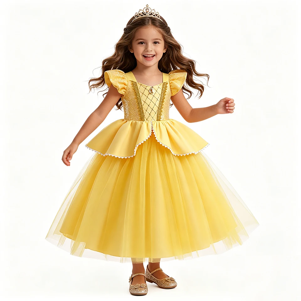 Fancy Girls Princess Belle Dress Up Halloween Cosplay Birthday Party Christmas Masquerade Children Costume Carnival Kids Clothes