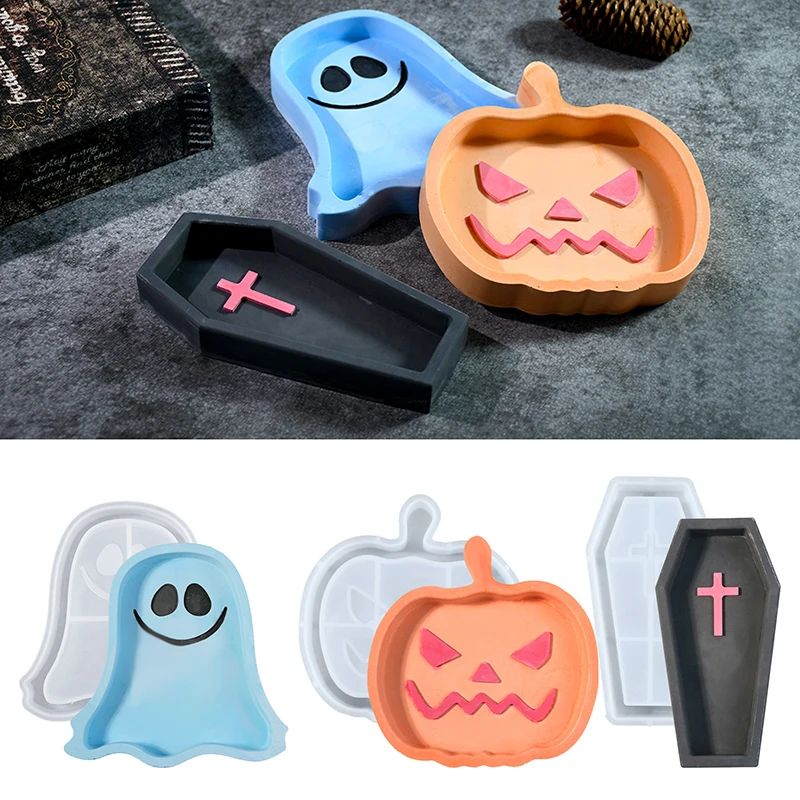 Halloween Tray Storage Epoxy Resin Molds DIY Pumpkin Coffin Ghost Shaped Jewelry Cup Holder Making Art Crafts Silicone Mold