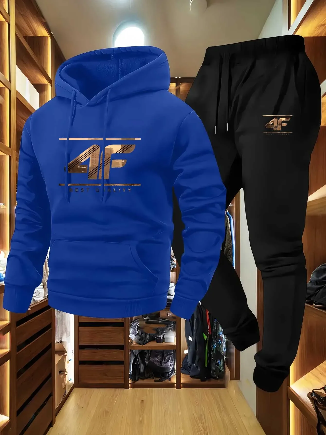 Conjunto Deportivo con Sudadera con Capucha Estampada 4F para Hombre, Tejido Suave Ecológico, Ropa Deportiva Informal para Exteriores, Traje Deportivo para Hombre