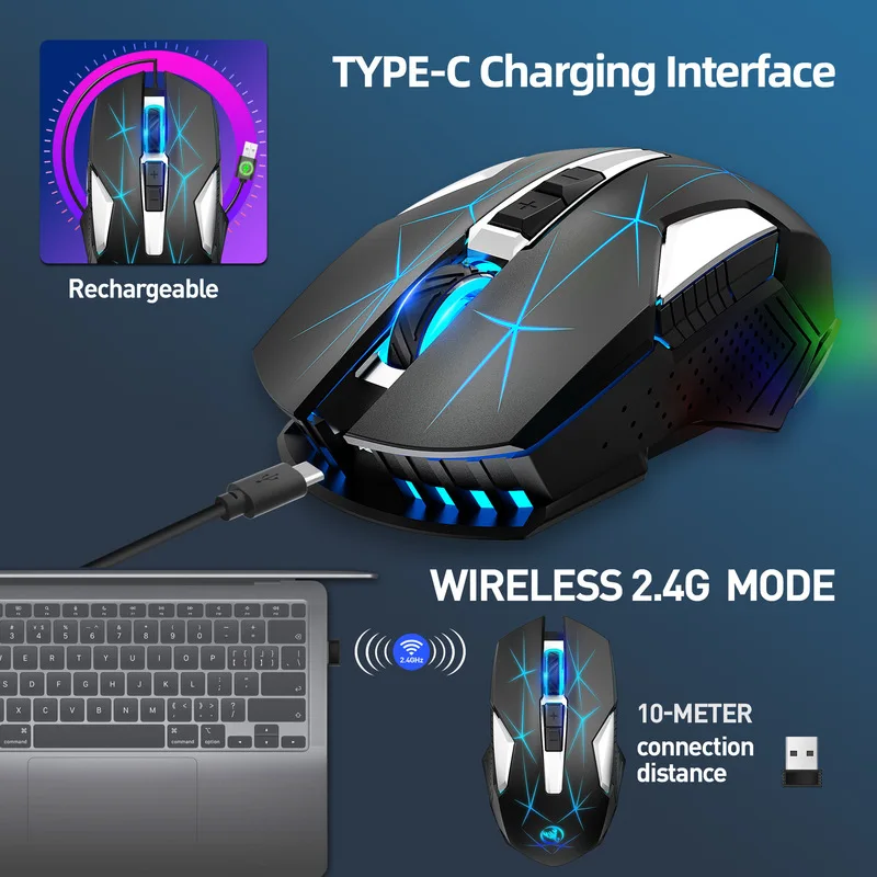 Rechargeable 2.4G Wireless Games Mouse Adjustable DPI 1000-2400 Optical 7 Keys Ergonomic Mice 10G Acceleration Long Battery Life