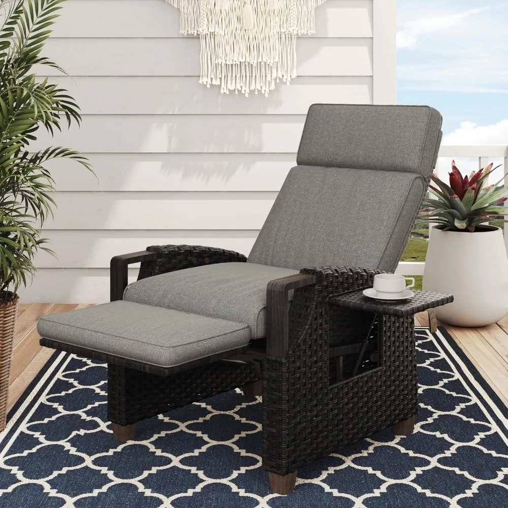 Terrace outdoor lounge chair, adjustable backrest, movable footstool, olefin mat flip table, willow twig flat recliner