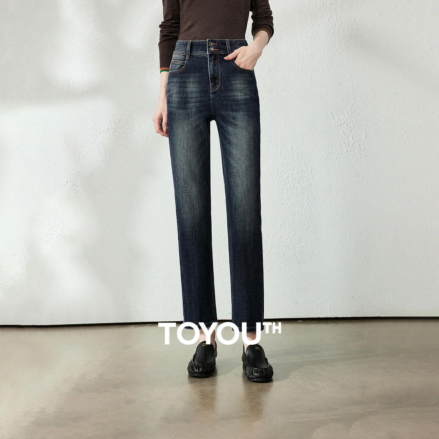 TOYOUTH Women Jeans 2026 Autumn New Four Way Stretch High Waist Washed Slim Retro Versatile Straight Leg Cropped Pants