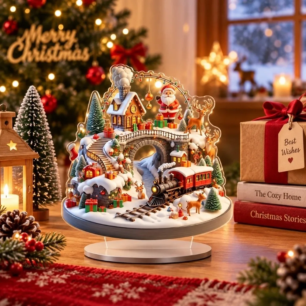2D Flat Christmas Scene Ornaments Acrylic Carousels Xmas Tabletop Decoration With Base Wings Santa Claus Statue Ornaments Gifts