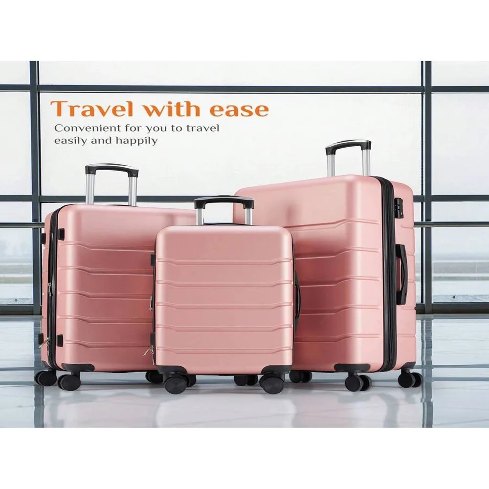 

Набор чемоданов из трех предметов — твердый корпус из АБС-пластика, расширяемые легкие вращающиеся колеса, телескопическая ручка с замком TSA для путешествий