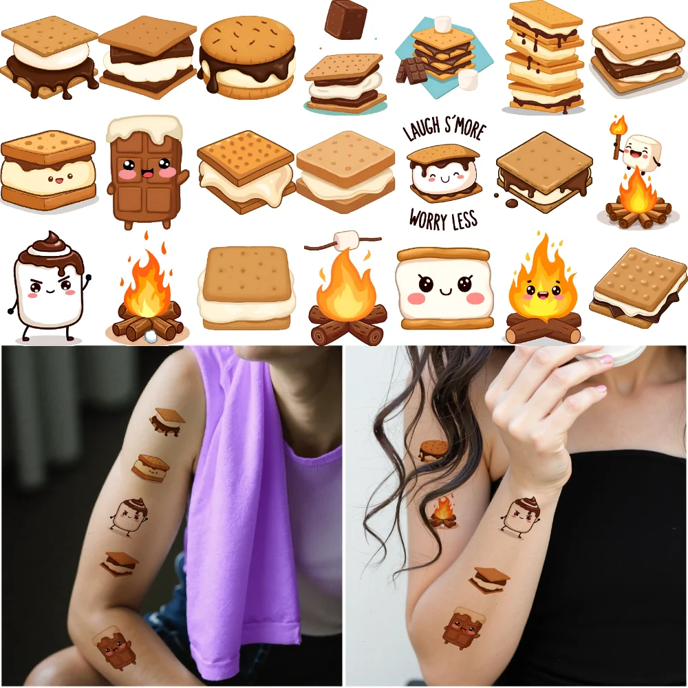 

63pcs Temporary Tattoo Smores Characters Cartoon Cute Marshmallow Campfire Cartoon Waterproof Long-lasting Body Stickers