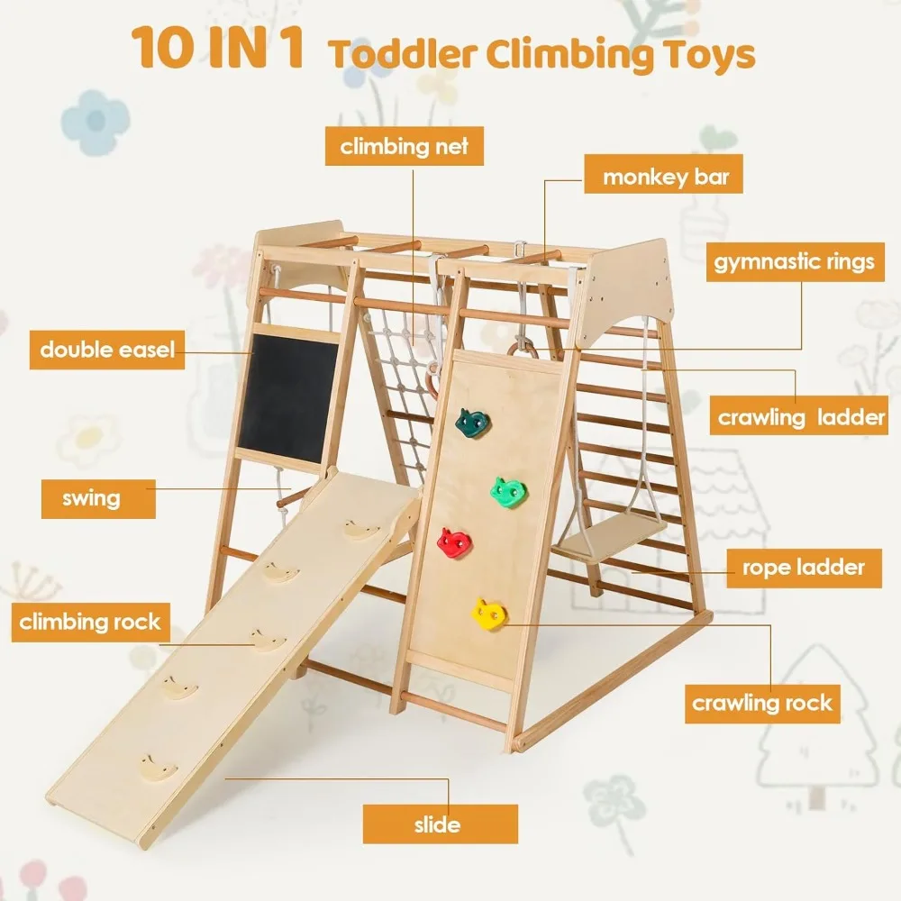 10-in-1 Kids Wooden Climbing Toys, Toddler Jungle Gym w/Drawing Board, Slide, Climbing Rock & Net, Ladder