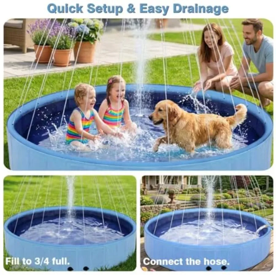 Foldable Dog Pool with Sprinkler for Backyard Use, Blue Thickened PVC, Non-Slip Hard-Side 87 Inch Extra Large 2-in-1 Outdoor Su