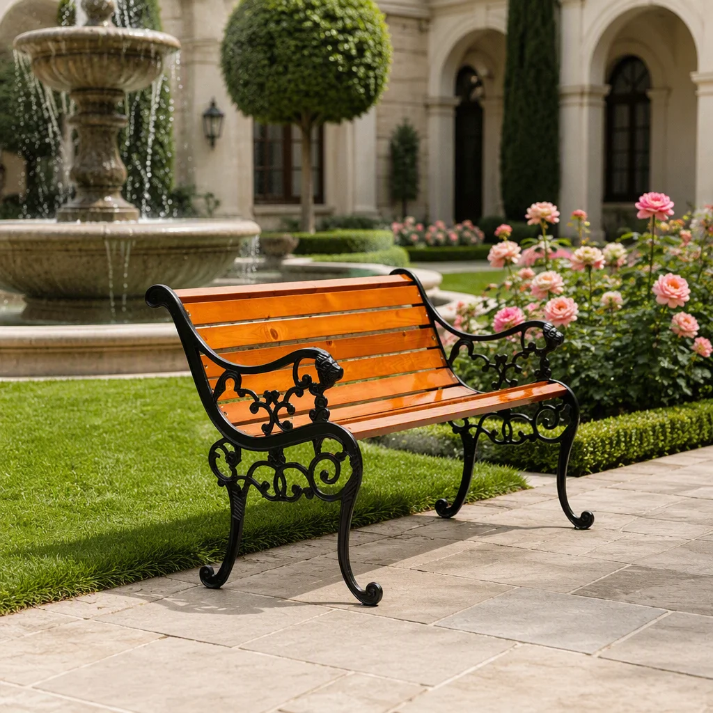 Outdoor Cast Aluminum Bench Solid Wood Seating Anti-Corrosion Metal Park Bench Garden Backless Bench for Public Area Decor