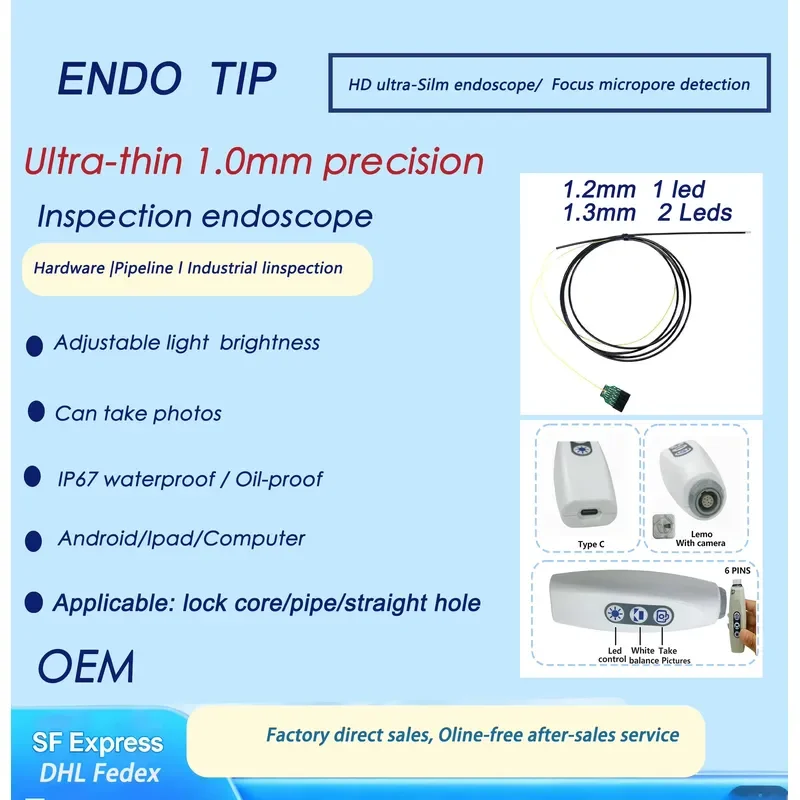 AP08 Flexible Videoscope Camera Video Borescope OEM Tip Ultra-thin 1.0mm Precision Inspection IP67 Android Ipad