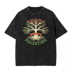 Palestine Tree Washed T Shirts Streetwear Hip Hop Vintage T-Shirt Tee Shirt for Men Women Cotton Oversize Graphic