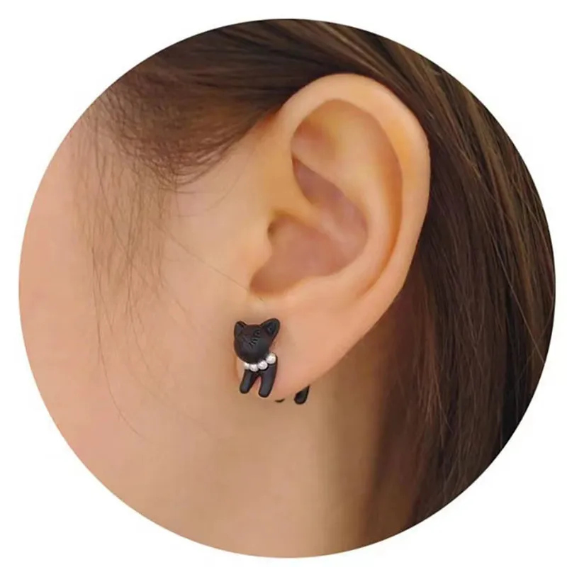 1 Pair Women Fashion Cute Girl Animal Black Cat Pearl Stud Earring Puncture Ear Charm Jewelry (color Black) Detachable earrings