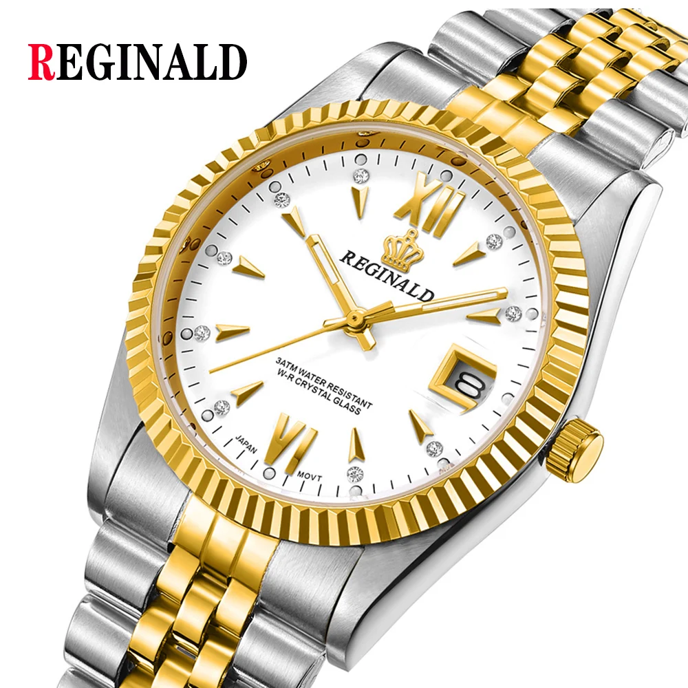 

REGINALD Gold Watch for Men and Women Unisex size Steel Quartz Roman Dial Silver Steel Date Wrist Watches Reloj Relogio 36mm