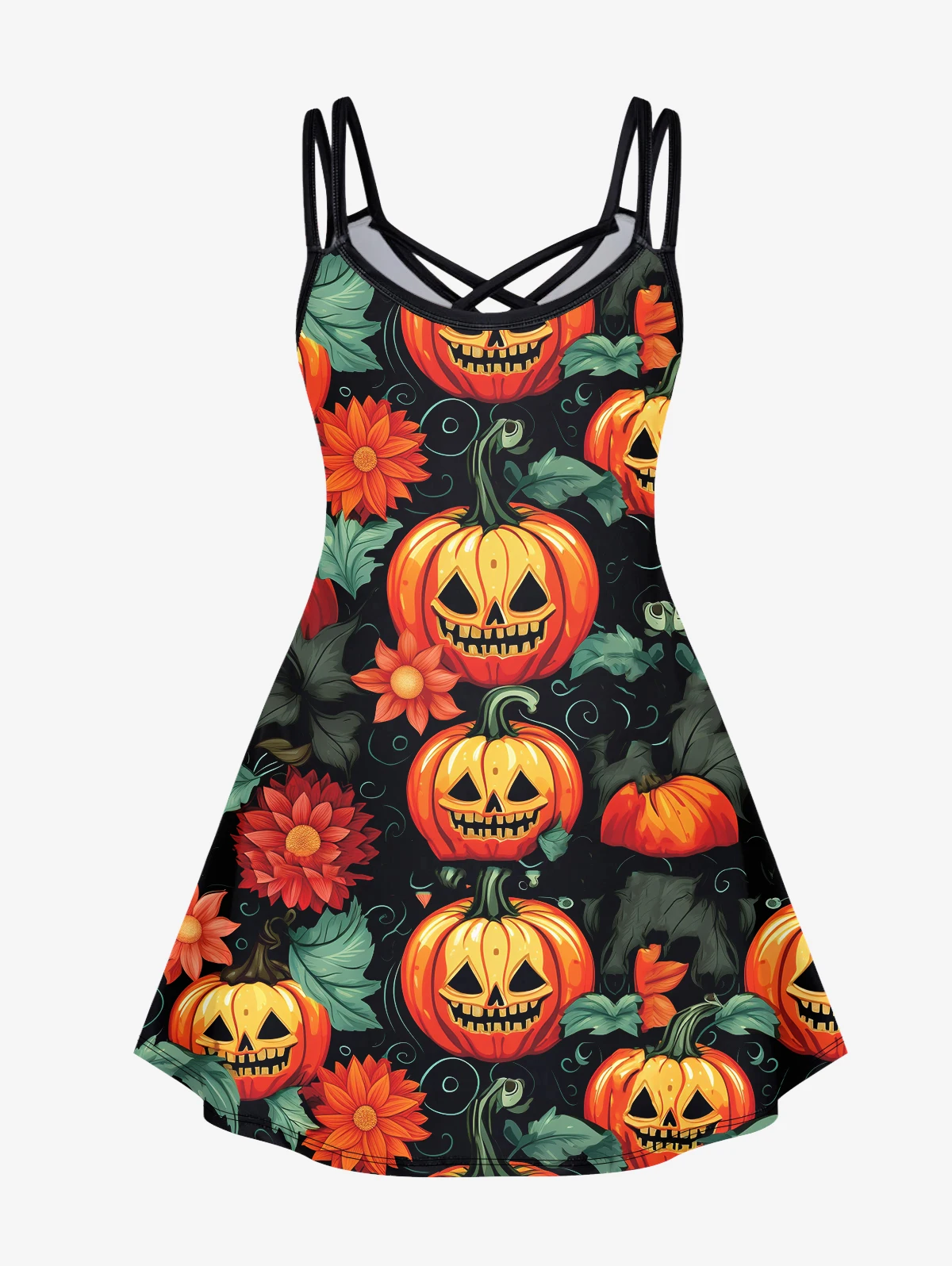 Plus Size Gothic Kürbis Print kreuz und quer Riemchen Cami Kleid Frauen Frühling, Sommer lässig Vestido bunte Halloween Kleider XS-6X