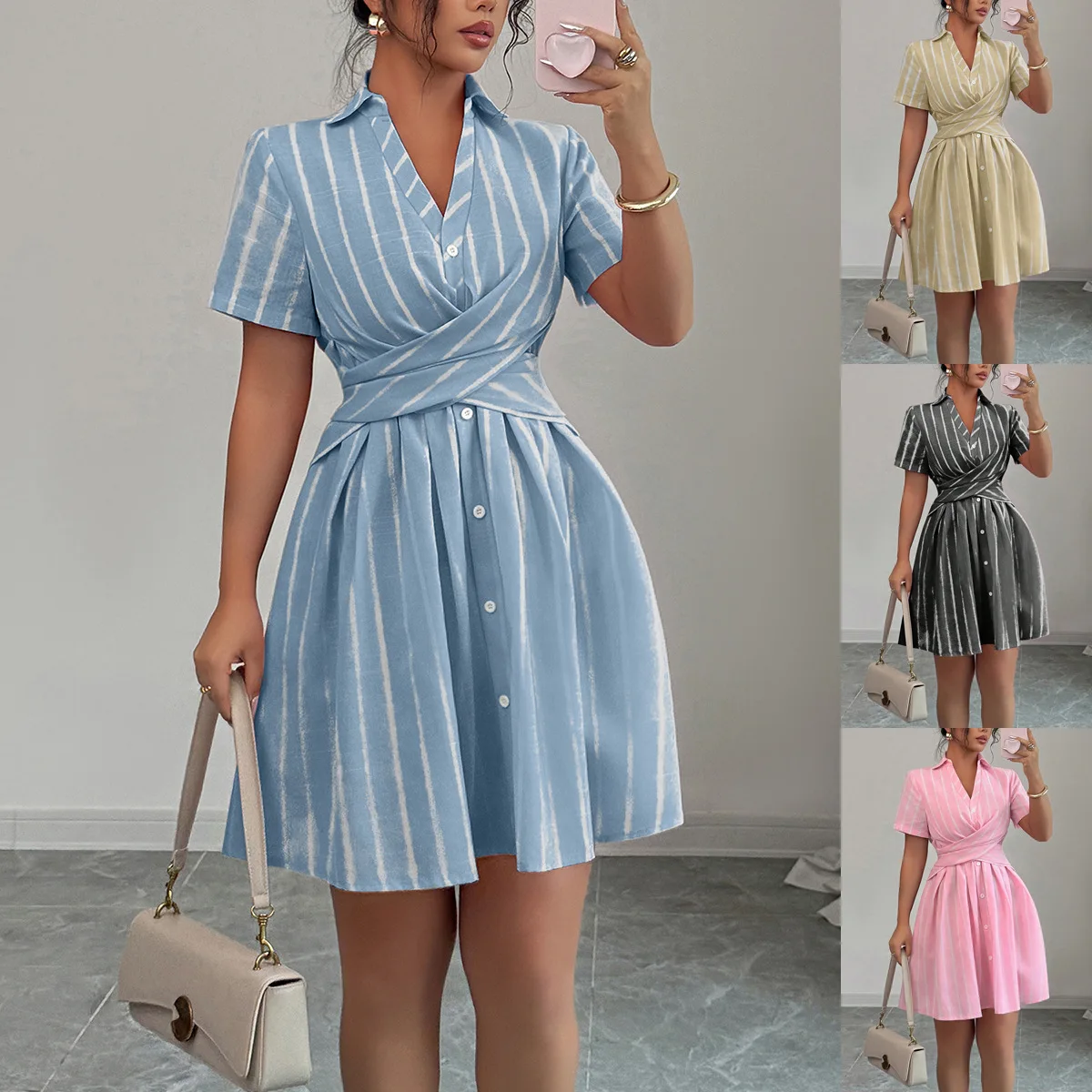 Mid Length Dress Women Shirt Dresses A Line Vestidos Y2k Streetwear Turn Down Collar Short Sleeve Elegant Party Striped 2026