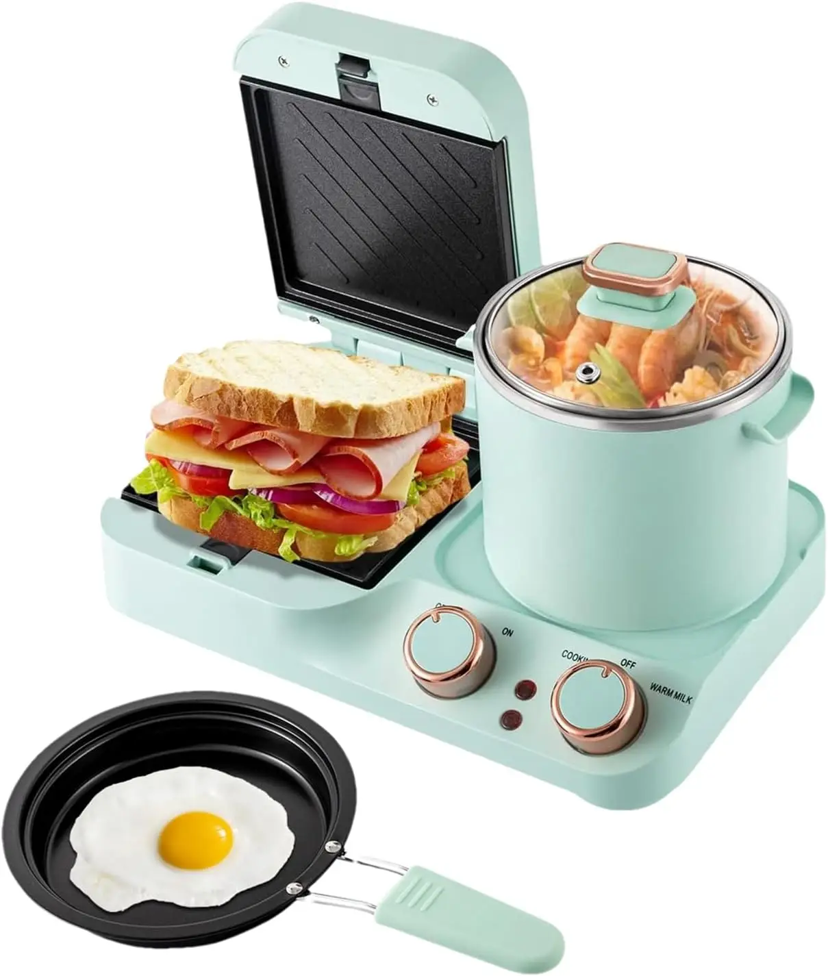 

4 in 1 Breakfast Station Sandwich Maker with Removable and Nonstick Frying Pan, Boiling Pot, Food Steamer, 110V Electric Retro M