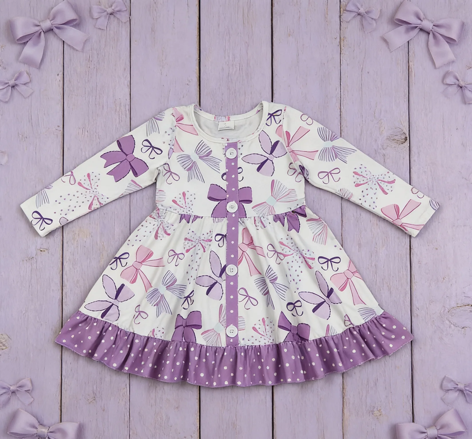 

Z1201-03 GLD1271 Kids Girls Clothes Long Sleeve Bows Print Baby Fall Dress