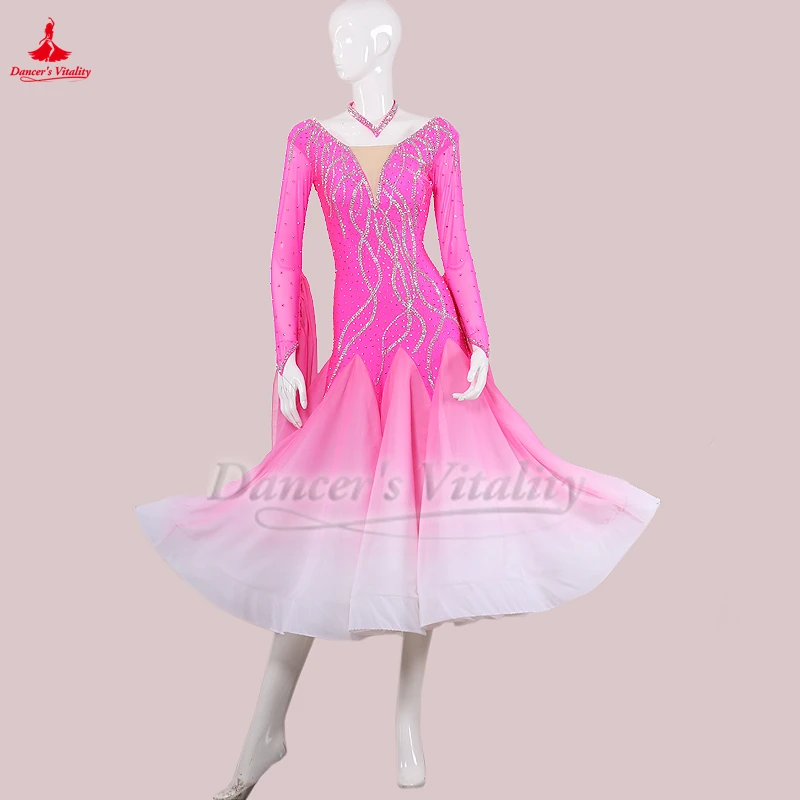 성인 왈츠 폭스트롯 탱고 퀵스텝 로즈 그라디언트 컬러 긴 소매 빅 스윙 드레스 여성 공연 및 대회 의상 맞춤