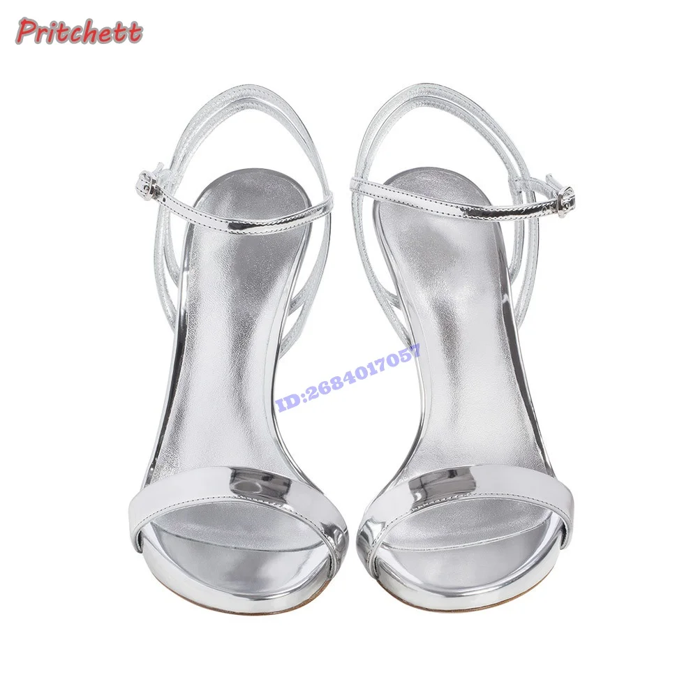 

Silver Leather Brilliant Platform Sandals Thin High Heels Ankle Strap Buckle Round Peep Toe Woman Stilettos 2024 Summer Shoes