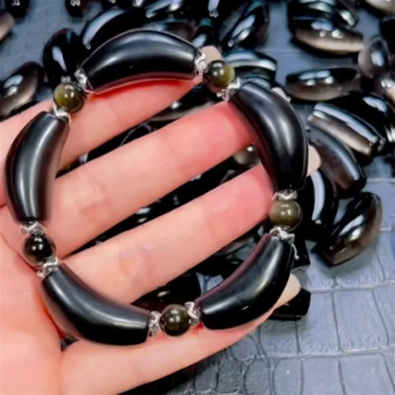 Hot‑Sale Natural Silver Obsidian Curved Tube Bracelet Original Design Patrick Star Petal Curved Bangle Gemstone Jewelry Gift
