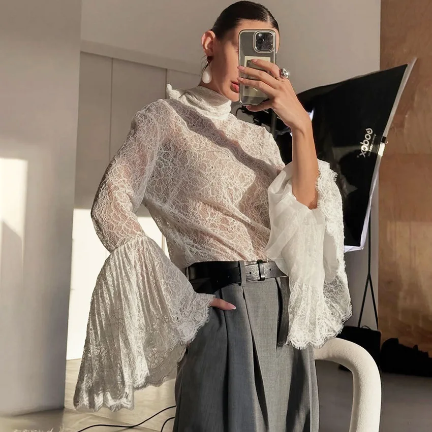 2026 Spring Summer New Arrival French Sexy Lace Blouse Ruffle Sleeve Tie Neck Fashion Slimming Elegant Women Chic Trendy Hot Top