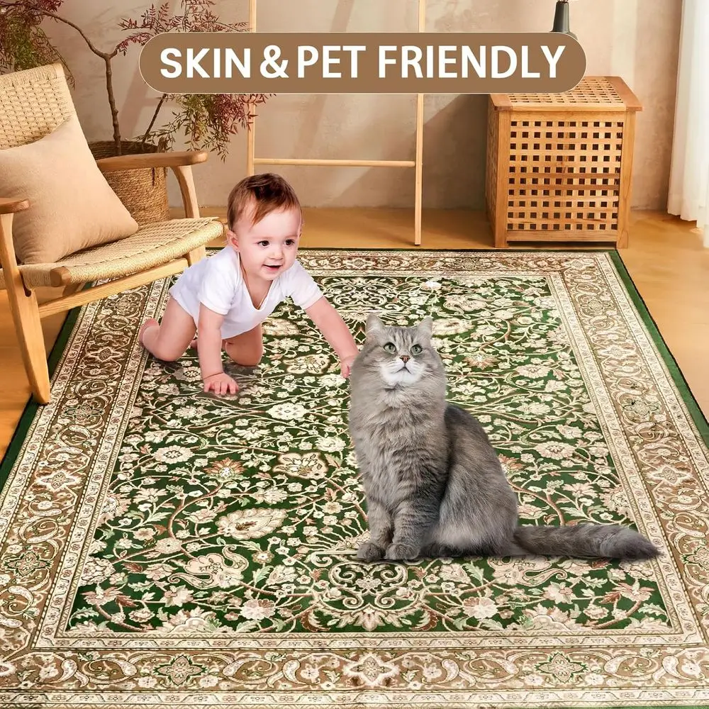 Vintage Cyan Boho Rug, 6x9, Washable & Non-Slip for Living and Dining Rooms