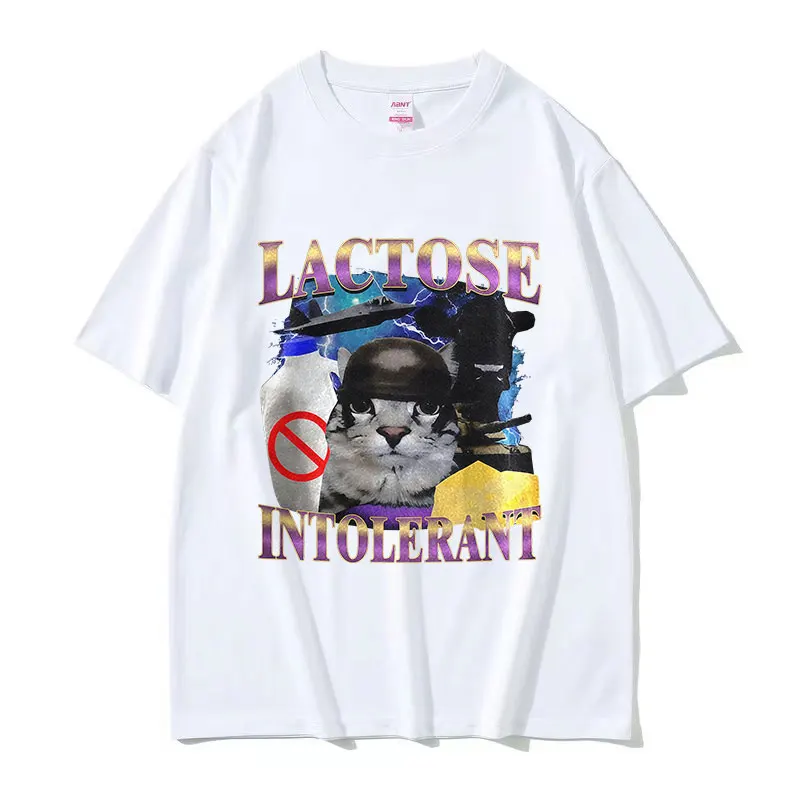 Limited Lactose Intolerant Funny Cat Meme T Shirts Men Vintage High Quality Fashion T-shirt Unisex 100% Cotton Short Sleeve Tees