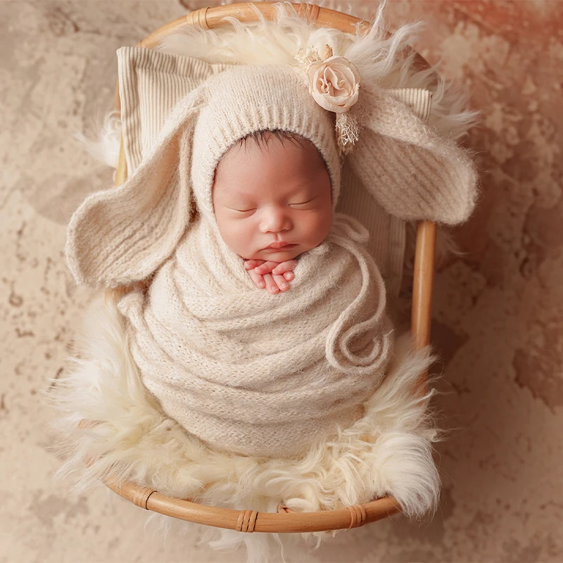 新生児写真撮影小道具かわいいニットバニー帽子背景ヘッドバンドウールマットラップ枕セットスタジオベビー写真撮影アクセサリー用