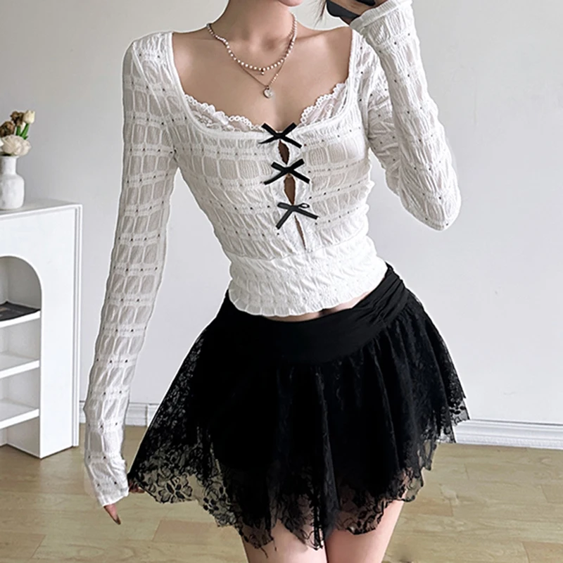 CIBBAR Hollow Out Square Collar Crop Top White Full Sleeve Skinny Bow Patchwork T Shirts Women Autumn y2k Aesthetic Tees Vintage