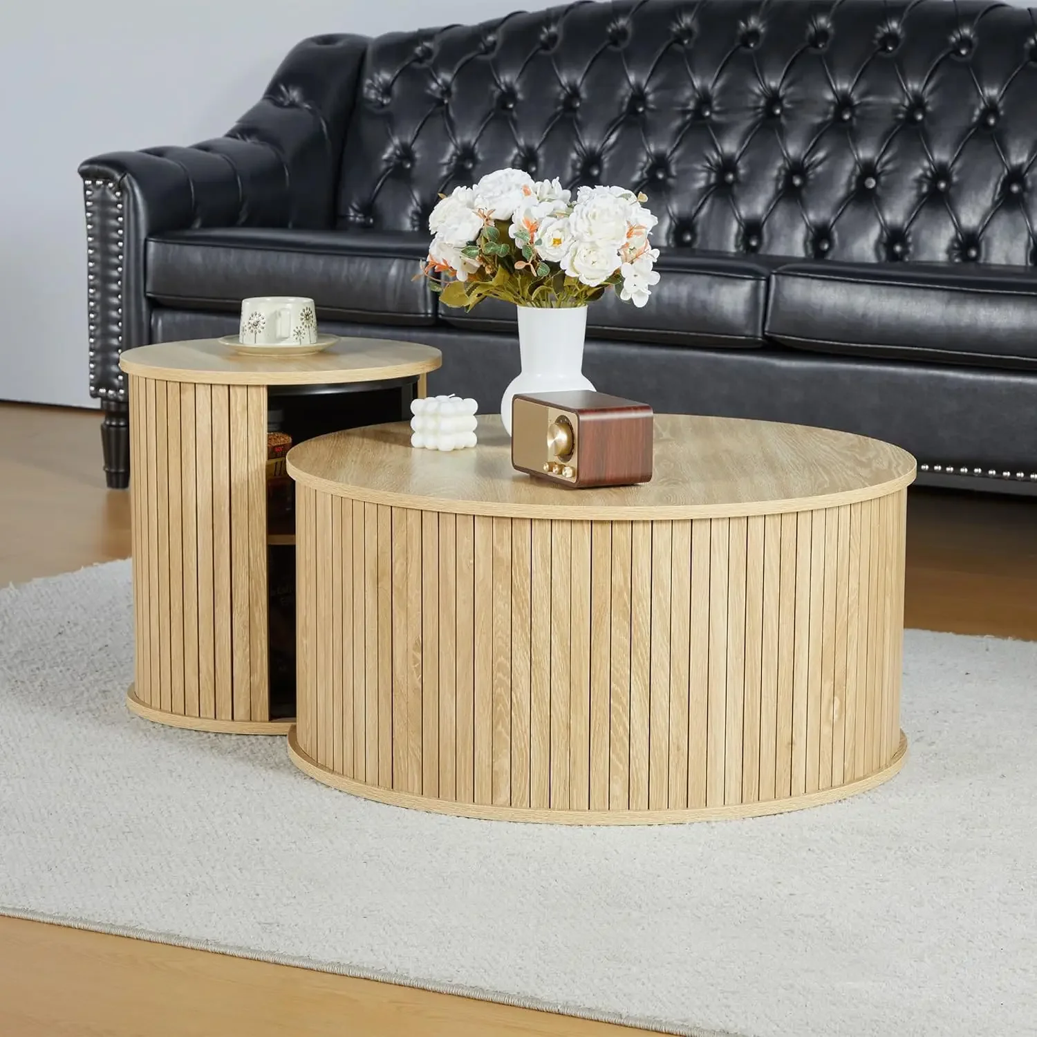 Coffee Table,Nesting Coffee Table Set of 2, Circle Side Table, Round Wooden Coffee Table for Living Room, Office, Balcony