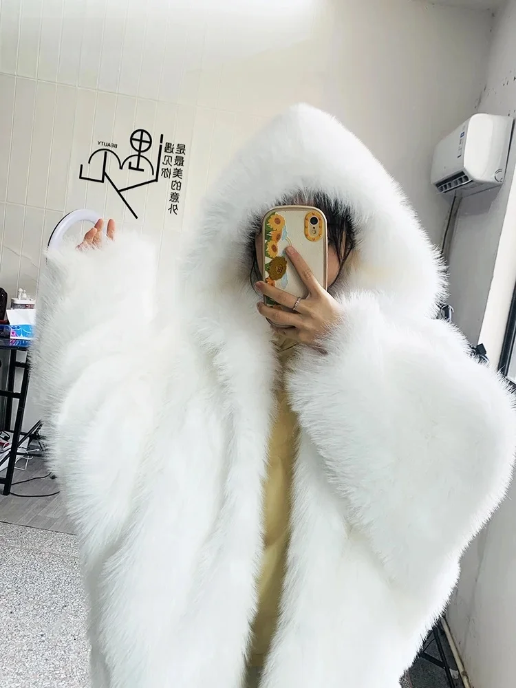 Nerazzurri White Winter Faux Fur Jacket Women's Hooded Fluffy Plush Coat Korean Style Long Sleeve Loose Fit Commute Friendly