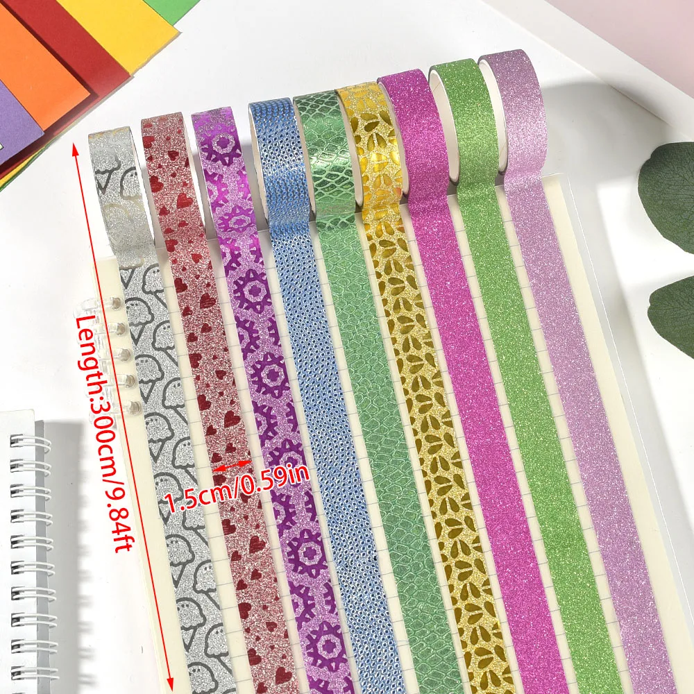 10 rotoli di adesivi glitterati a colori casuali Nastri adesivi di carta Etichetta decorativa fai da te Adesivi artigianali per l'imballaggio regalo della scuola dell'ufficio