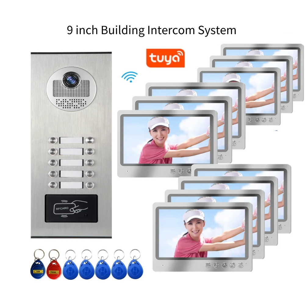 

2-12 Units 9" Apartment Video Intercom System RFID Access WiFi Tuya Smart Doorbell Big Screen Video Doorphone For Home Security