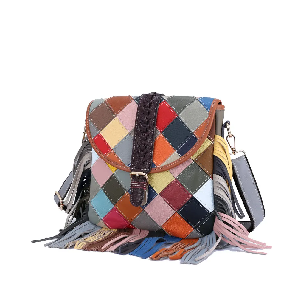 Multicolored Patchwork Sling Bags, Checkered Pattern Ladies Leather Shoulder Bag, Tassels Crossbody Bag for Women