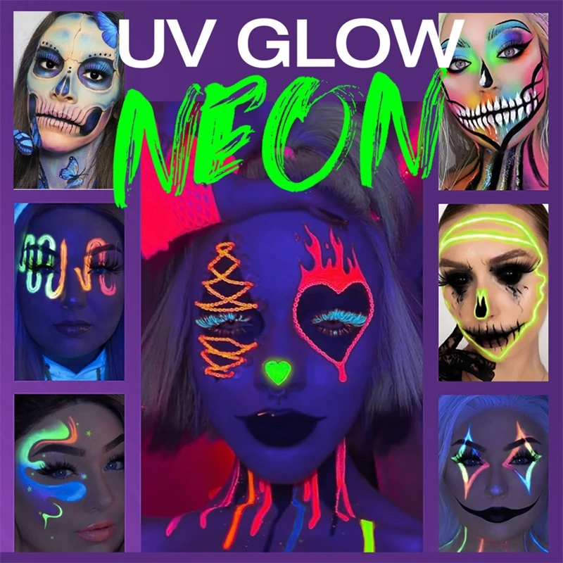 Dwanaście kolorowych fluorescencyjnych farb UV w sztyfcie do twarzy i ciała na imprezy, Halloween, rave, makijaż dla dorosłych i nastolatków, straszny neonowy efekt świecenia, prezent.