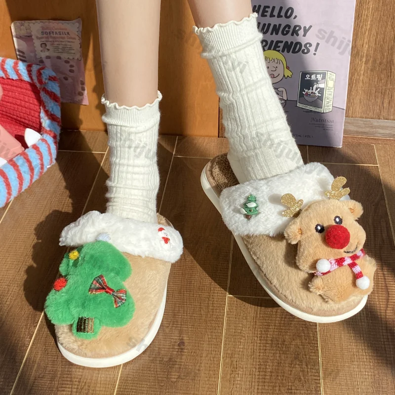 Women's Cute Christmas Home Fluffy Slippers Autumn Winter Cartoon Cotton Slippers Female Cute Flat Indoor Home Warm Plush Shoes