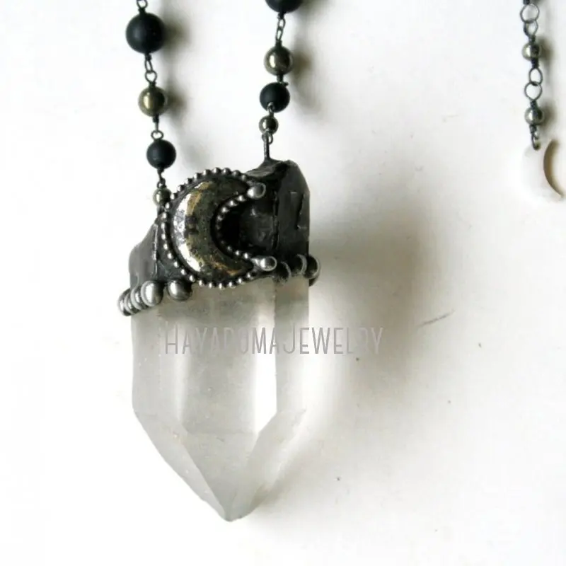 NM43248 Massive Quartz Crystal Pyrite Moon Necklace  Crescent  Statement  Halloween