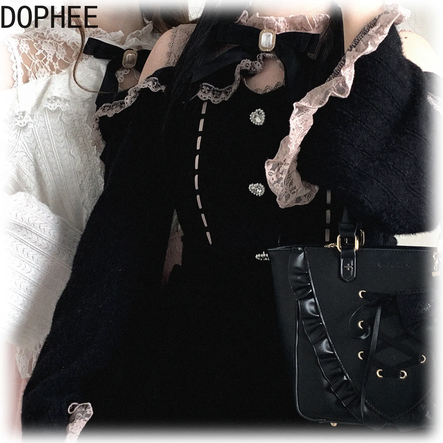 

Original Japanese Autumn Winter Women Basic Shirt Diamonds Love Button Sexy Perspective Lace Off Shoulder Long Sleeve Lolita Top