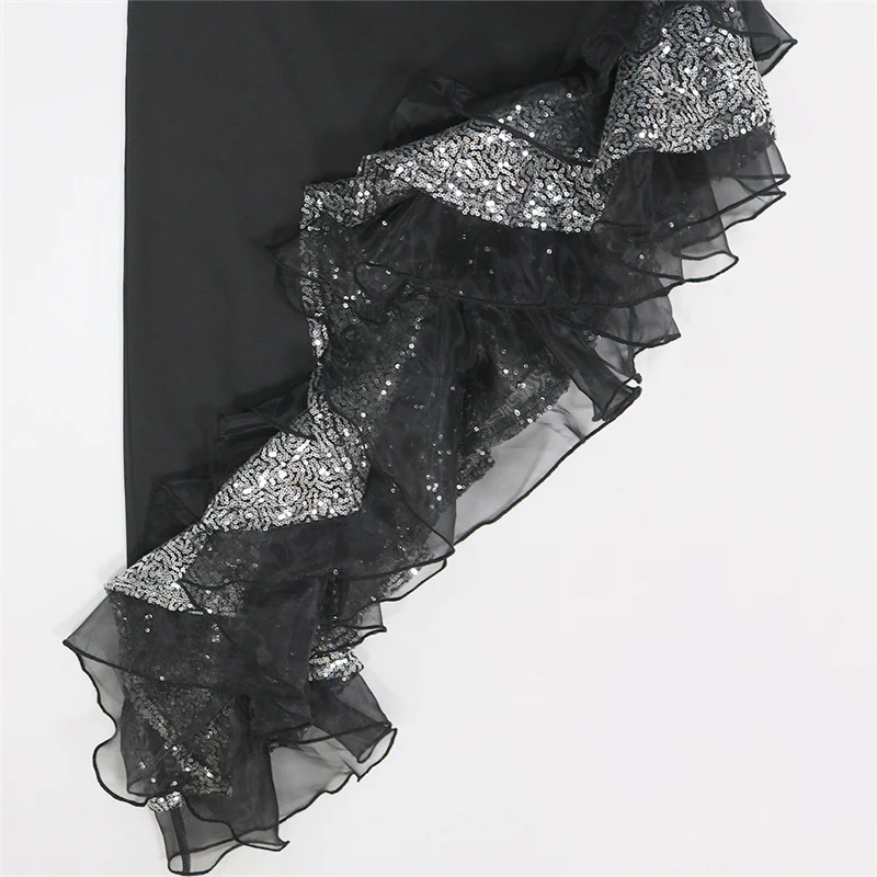 เซ็กซี่ไม่สม่ําเสมอSequines Ruffles Maxiชุดผู้หญิงClub Partyแขนกุดสูงครึ่งวันเกิดสีดําBodyconชุดยาวชุด