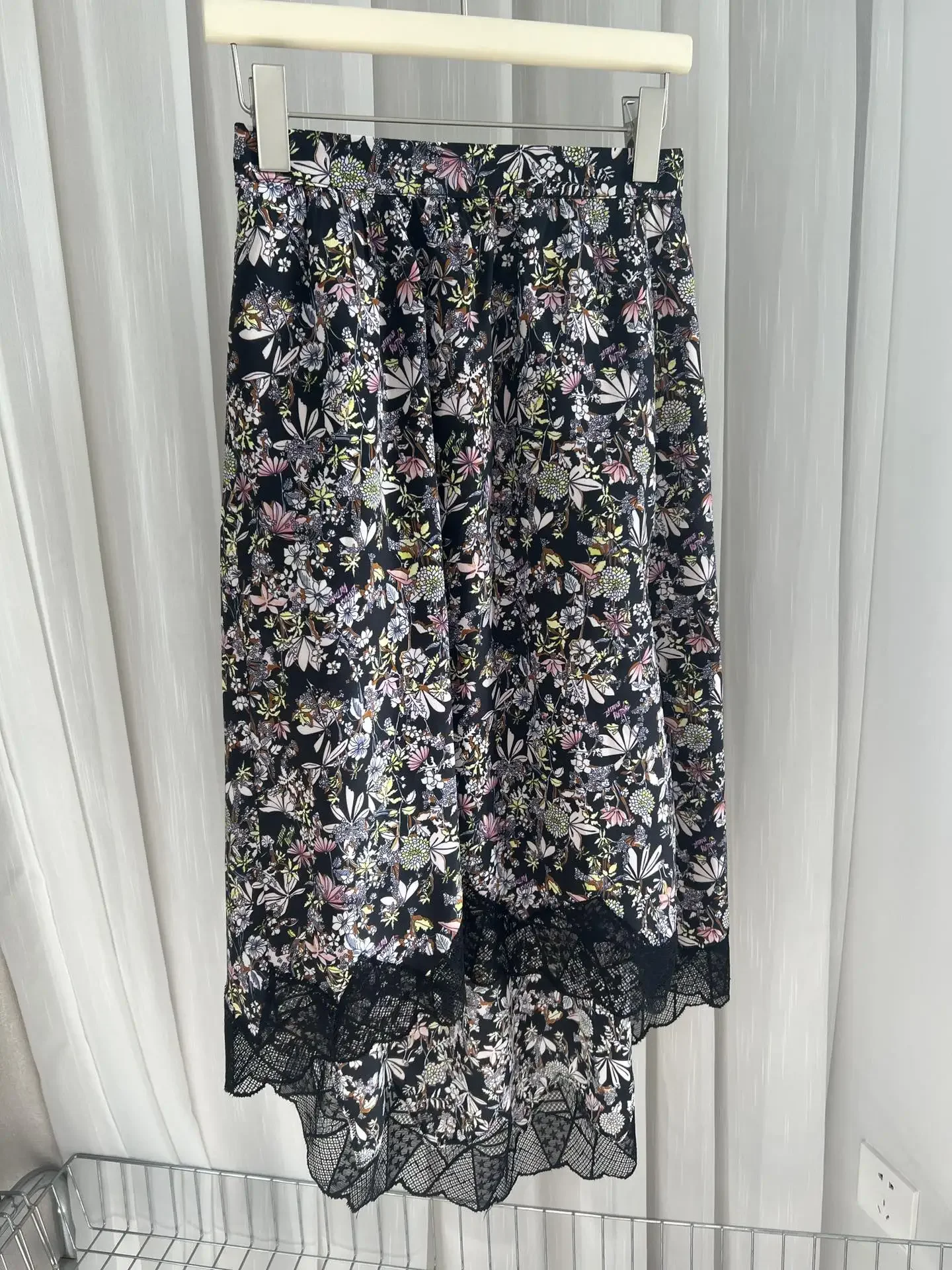 

100% Silk Women's Floral Printed Skirt Spring Lace Stitching Front Short and Back Long Fashion Ladies Midi Jupe