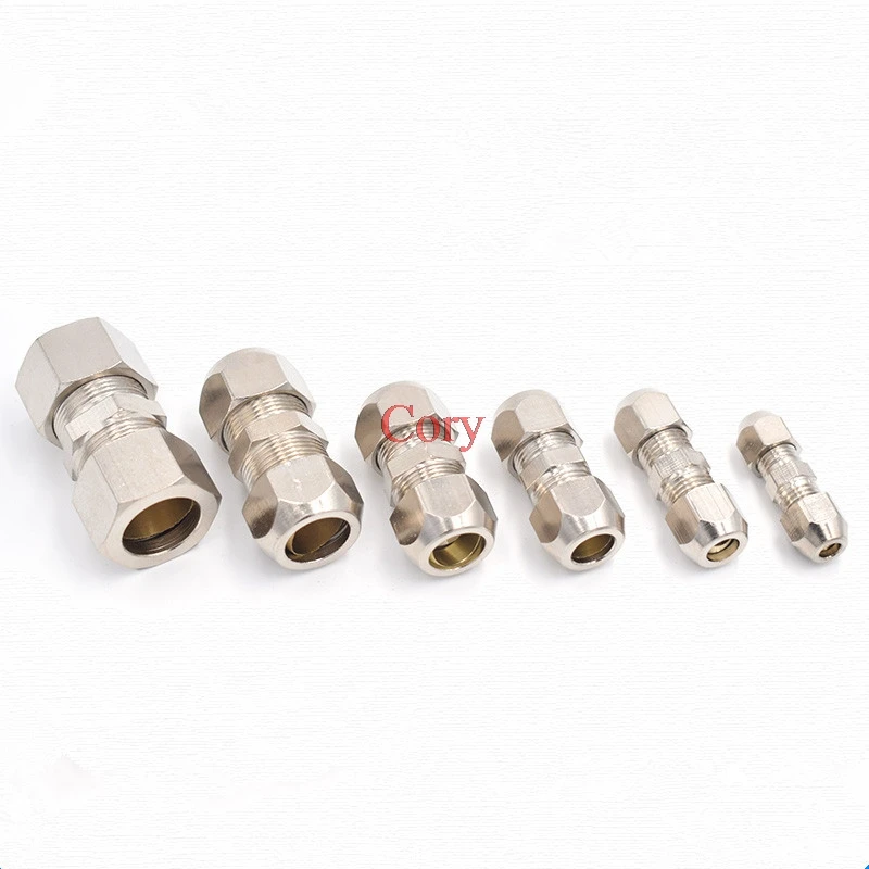 Compression Ferrule Tube Fitting 3/4/6/8/10-16 Brass Pipe Double Card Set Brass Joints Tubing Nut Lock Double Straight