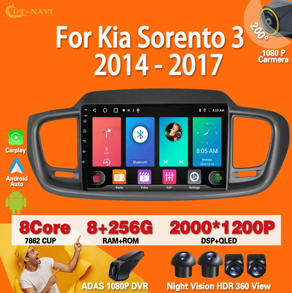 

Android 13 For Kia Sorento 3 2014 - 2017 Carplay Auto Radio Stereo Multimedia Player Navigation GPS No 2din DVD 4G WIFI BT QLED