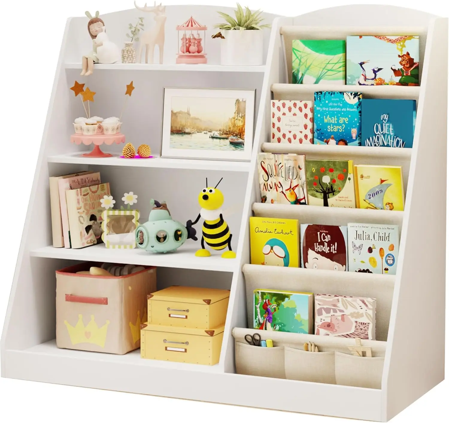 

Bookshelf Storage Organizer 4 Tier Wooden Kids Book Shelf with Sling Book Design, Book Display & Walking Shelf for Nursery,