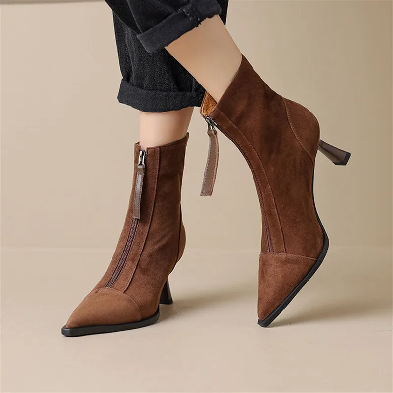 2023 New Winter Sheep Suede Women Boots Pointed Toe Boots for Women High Heels Short Boots Concise Ladies Shoes Zapatos De Mujer