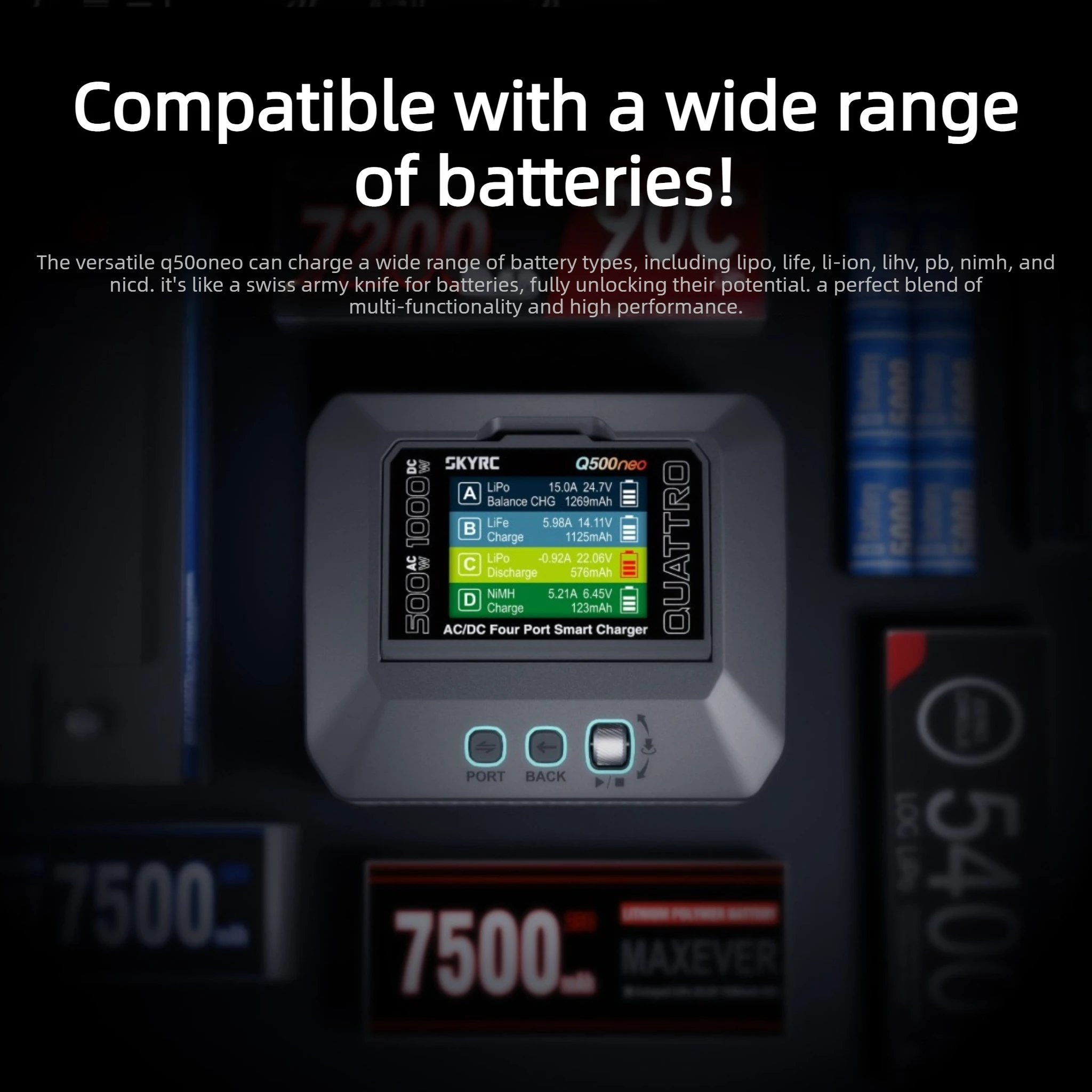 SKYRC Q500neo Four‑channel Smart AC/DC Charger 25A 500W Discharge Adjustable Power Supply for LiPo LiFe Li‑ion LiHV NiMH NiCd Pb