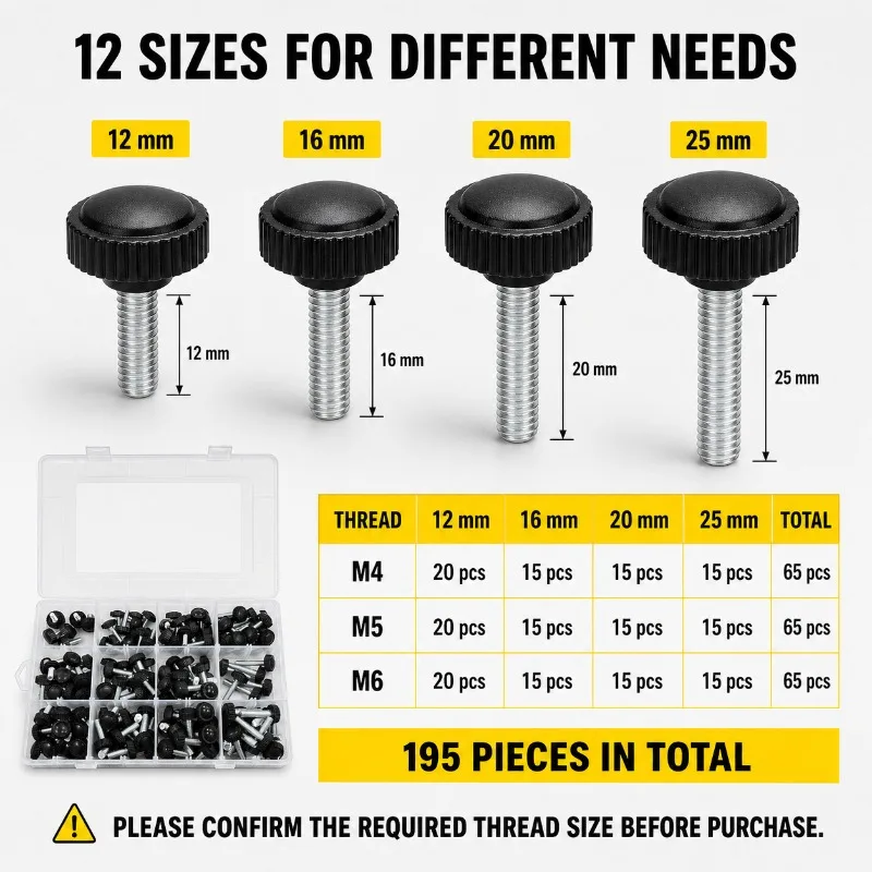 195PCS Knurled Thumb Screws Hand Tighten Plastic Handle Adjustable DIY PC Case Fastener Kit Home Repair DIY Tools Handyman Kit