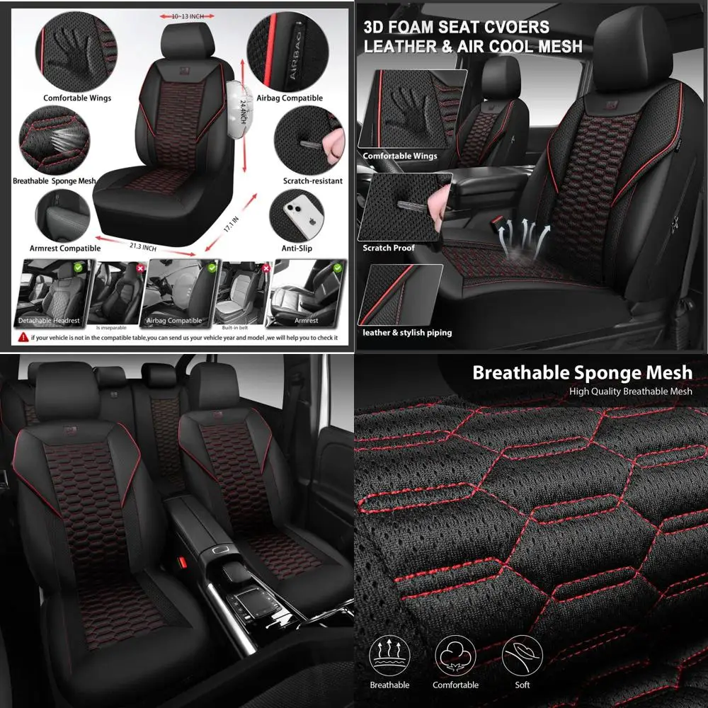 

Универсальные дышащие чехлы для автомобильных сидений из сетки и искусственной кожи, совместимые с подушками безопасности, черные и красные