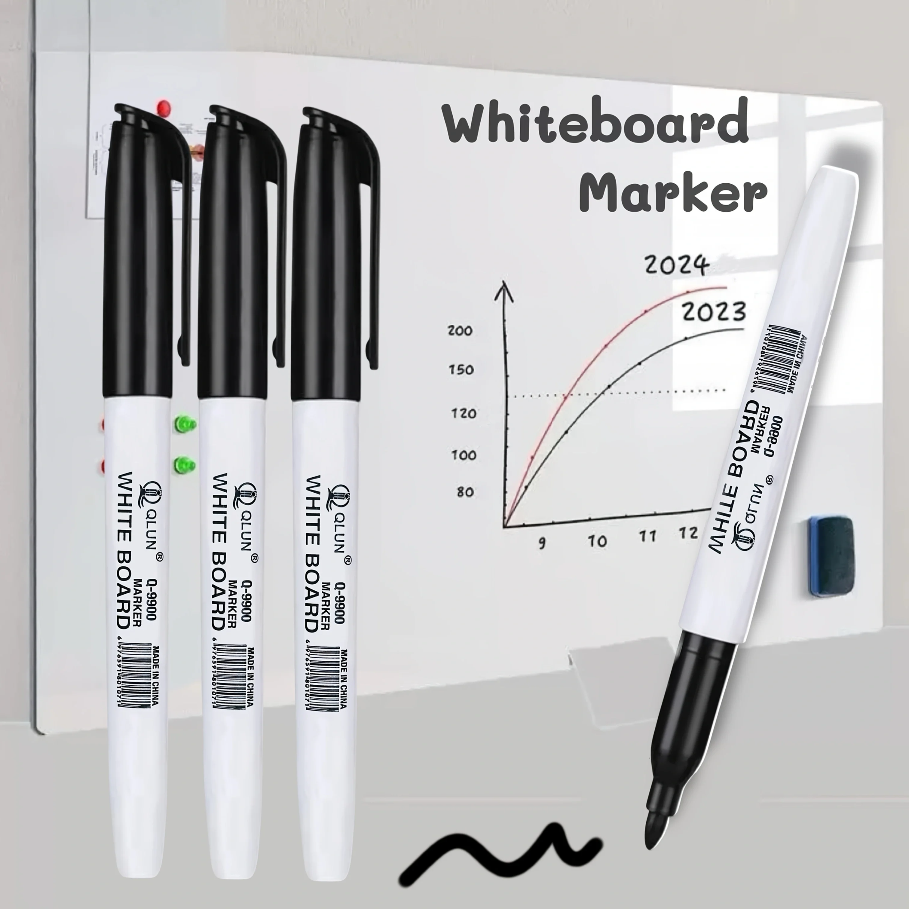 3/12pcs Erasable Black Whiteboard Marker Pens Teaching Supplies for Back to School Office School Stationery Bulk Pack