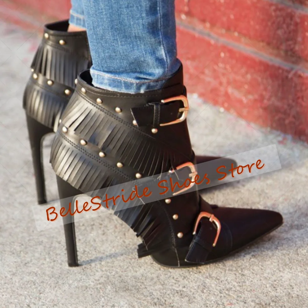 

Black Buckle Decor Pointed Toe Boots Matte Leather Women Shoes Thin High Heels Party Banquet Dating 2025 Zapatos Para Mujere